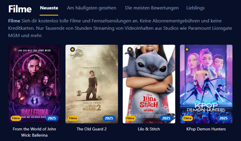 Screenshot der Benutzeroberflaeche von Einschalten die eine moderne Streaming-Plattform mit Filmen und Serien anzeigt